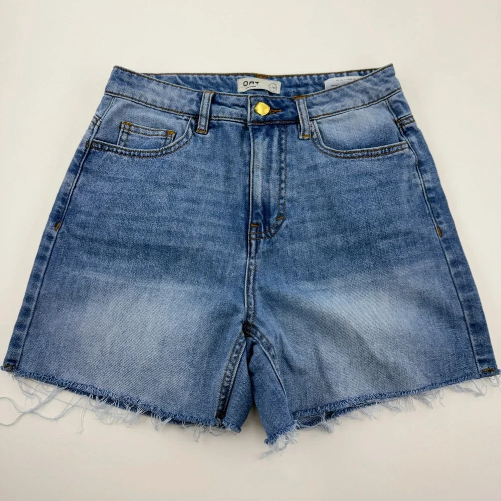 OAT New York Cloud Luxe Denim Shorts Size 4/27 High Rise Raw Hem Light Wash